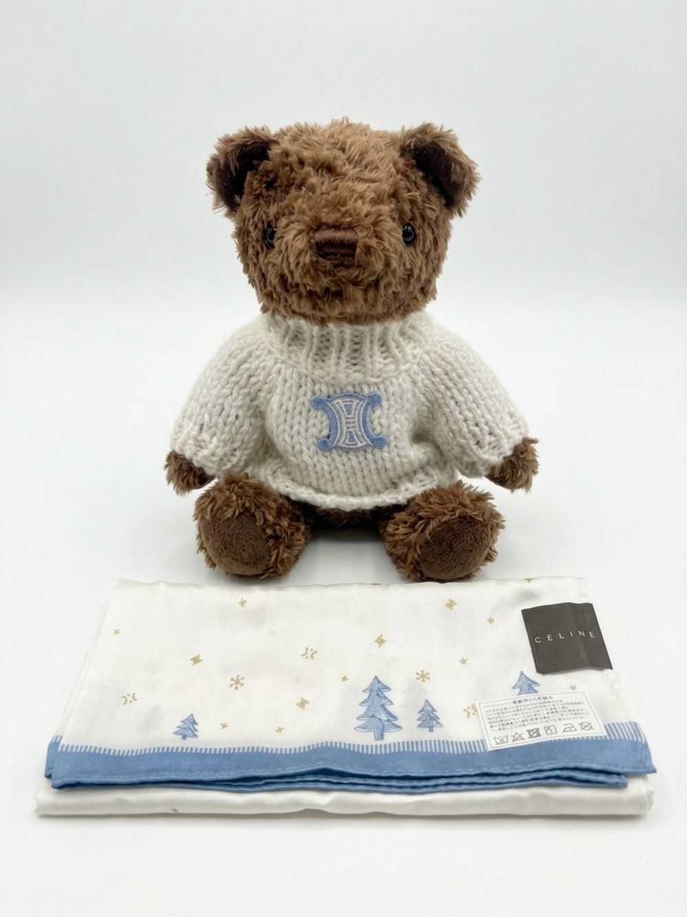 CELINE Teddy Bear in Cream Knit Sweater with Blue Logo + Scarf